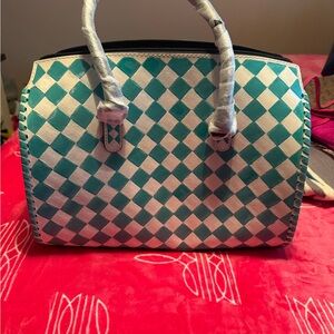 Leather Woven Checker Leather Satchel - Teal and White